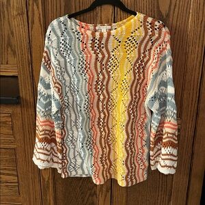 Cato Womens Open Knit Sweater MultiColor Striped Bell Sleeve Retro Crochet Small